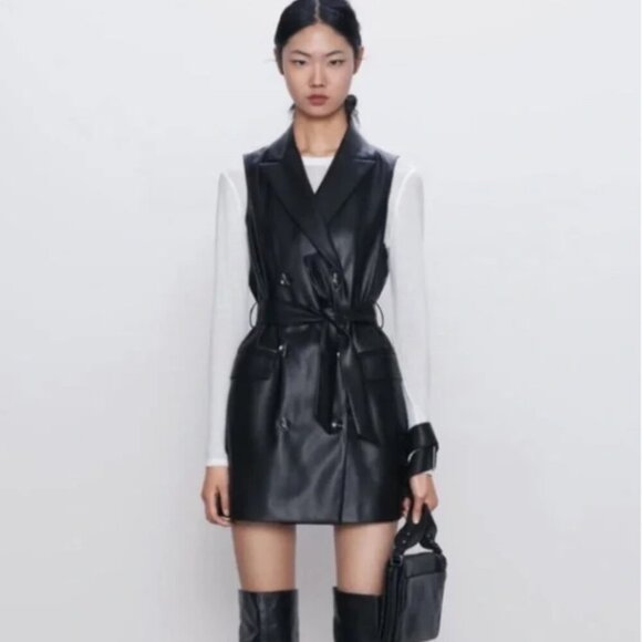 Zara | Faux Leather Button and Tie Waist Vest Collared Size XS - Picture 1 of 6